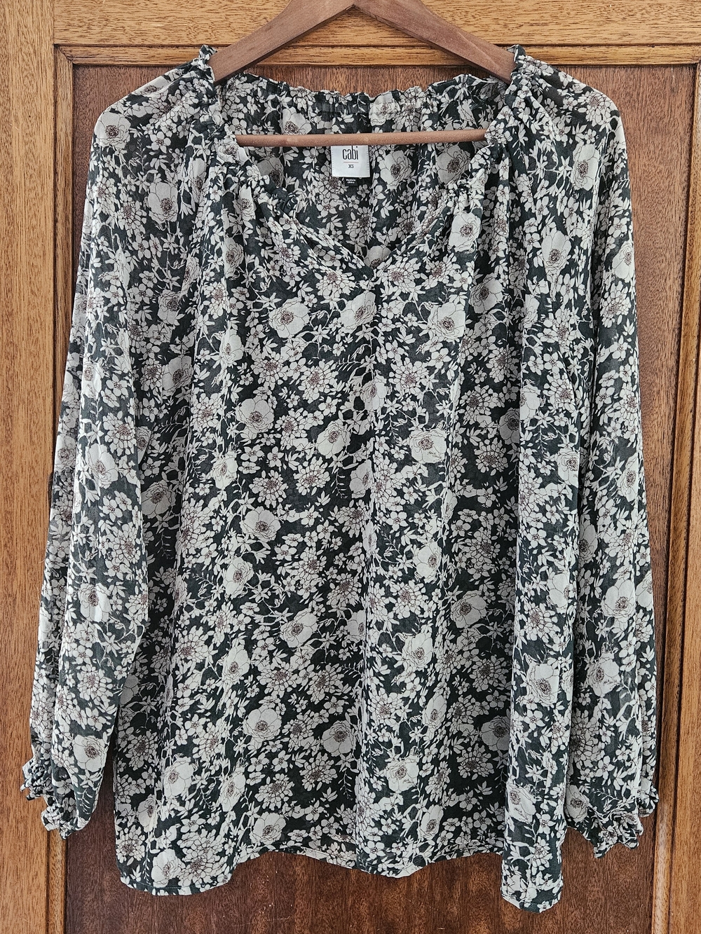 CAbi Black and Cream Floral Long-Sleeve Blouse